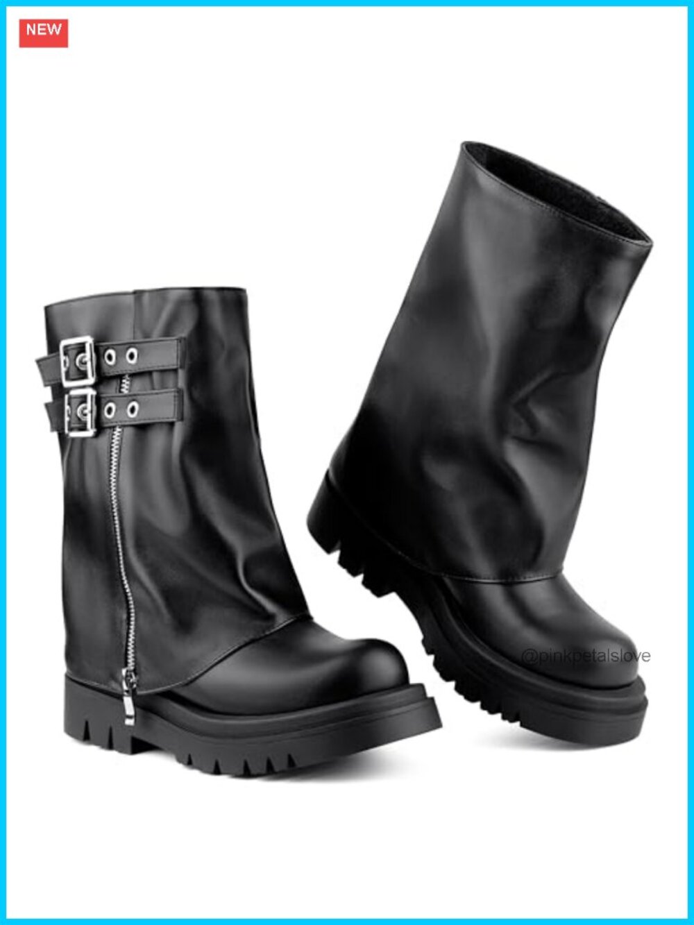 Faux Leather Fold Over Mid Calf Boots Slouchy Moto Biker Combat